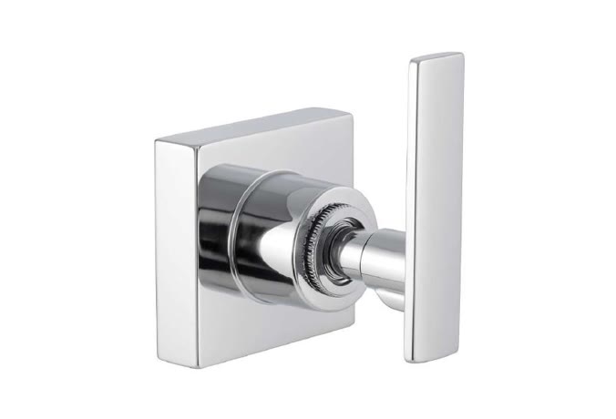 Platina ACABAMENTOS PARA REGISTRO Linarte — Acabamento de registro de parede com canopla quadrada e manípulo alavanca reto de perfil achatado, em metal cromado…