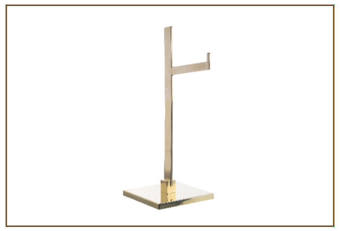 Toalheiro Bancada Slim PAPELEIRAS DE PISO E TOALHEIROS DE BANCADA Linarte — Toalheiro de bancada slim em metal dourado polido, com base quadrada, haste vertica…